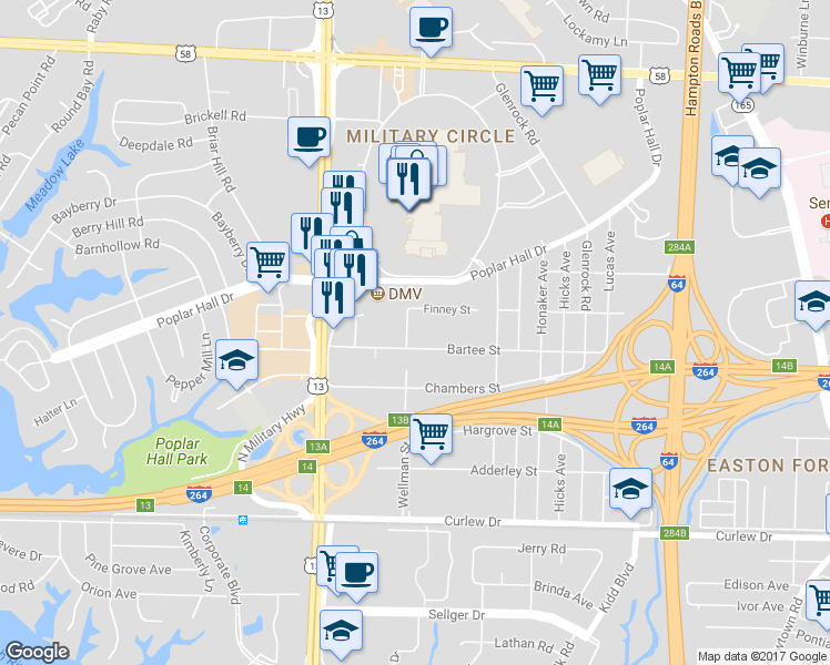 map of restaurants, bars, coffee shops, grocery stores, and more near 412 Wellman Street in Norfolk