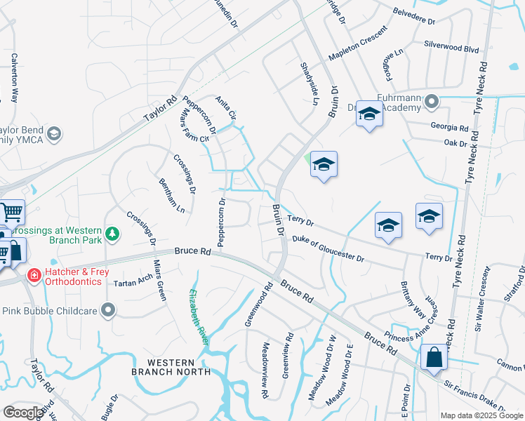 map of restaurants, bars, coffee shops, grocery stores, and more near 3009 Radcliffe Lane North in Chesapeake