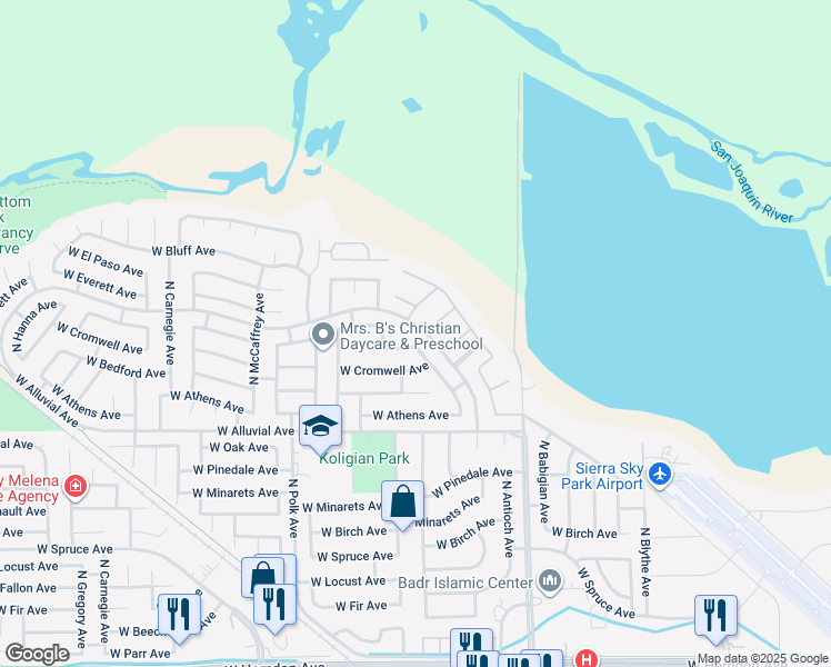 map of restaurants, bars, coffee shops, grocery stores, and more near 7007 North Gilroy Avenue in Fresno