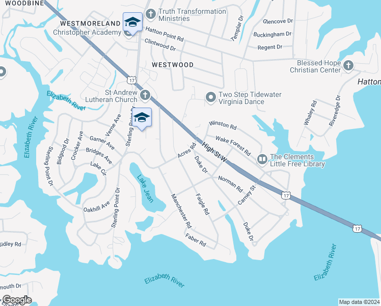 map of restaurants, bars, coffee shops, grocery stores, and more near 4629 Duke Drive in Portsmouth