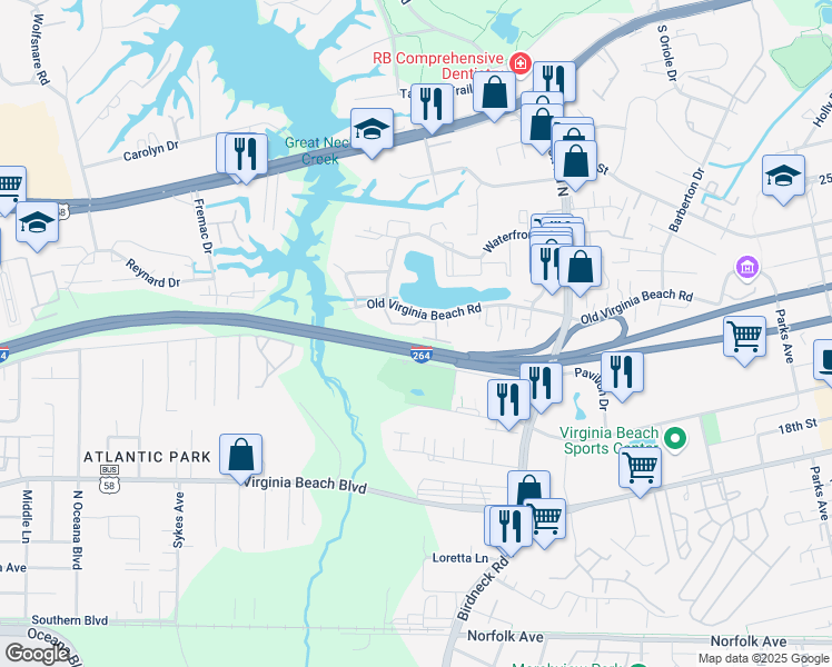 map of restaurants, bars, coffee shops, grocery stores, and more near 1120 Ocean Trace Lane in Virginia Beach