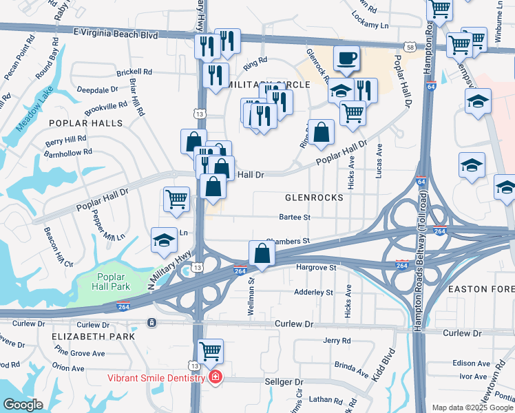 map of restaurants, bars, coffee shops, grocery stores, and more near 412 Wellman Street in Norfolk