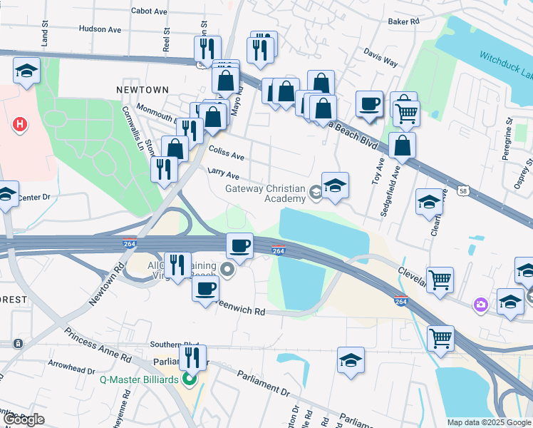 map of restaurants, bars, coffee shops, grocery stores, and more near 5700 Cleveland Street in Virginia Beach