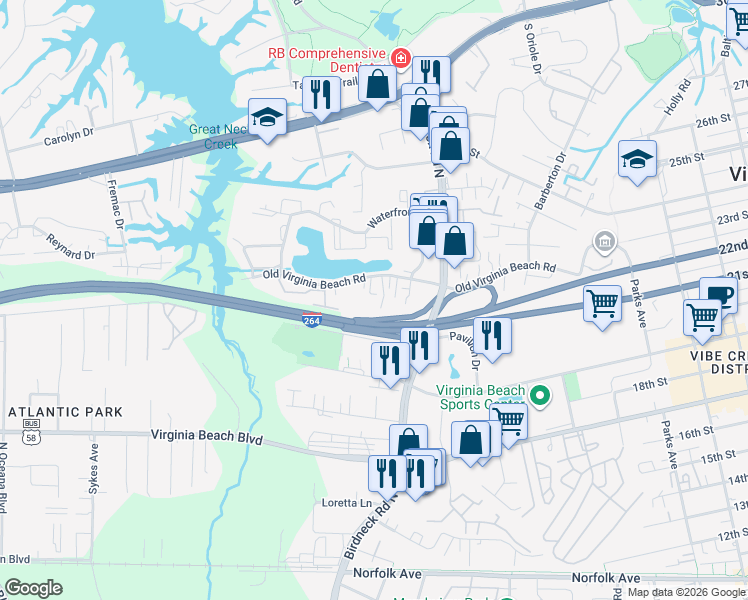 map of restaurants, bars, coffee shops, grocery stores, and more near 1145 Old Virginia Beach Road in Virginia Beach