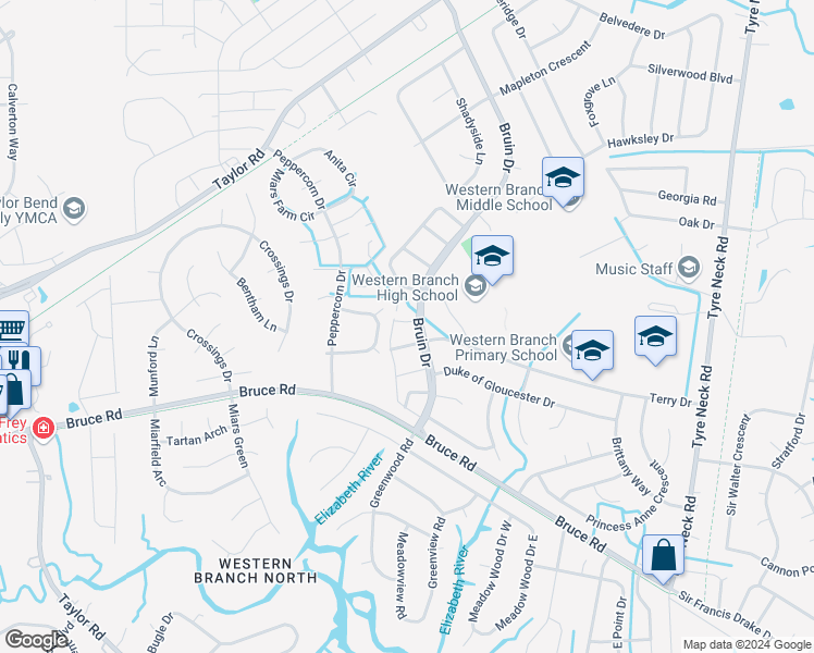 map of restaurants, bars, coffee shops, grocery stores, and more near 4307 Worthing Lane in Chesapeake