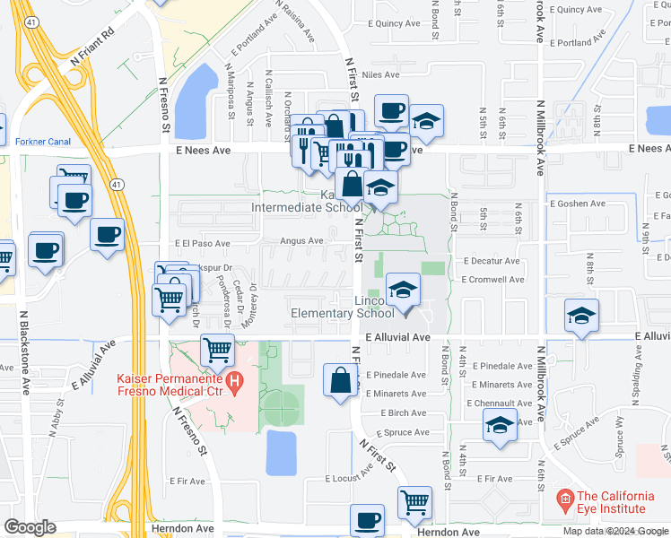 map of restaurants, bars, coffee shops, grocery stores, and more near 7505 North First Street in Fresno