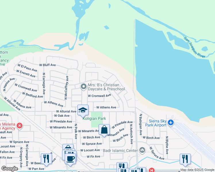 map of restaurants, bars, coffee shops, grocery stores, and more near 7007 North Gilroy Avenue in Fresno