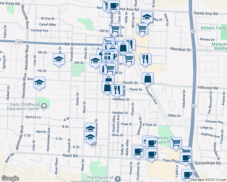 map of restaurants, bars, coffee shops, grocery stores, and more near 840 East Street in Hollister