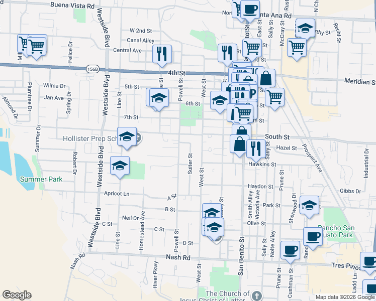 map of restaurants, bars, coffee shops, grocery stores, and more near 846 Suiter Street in Hollister