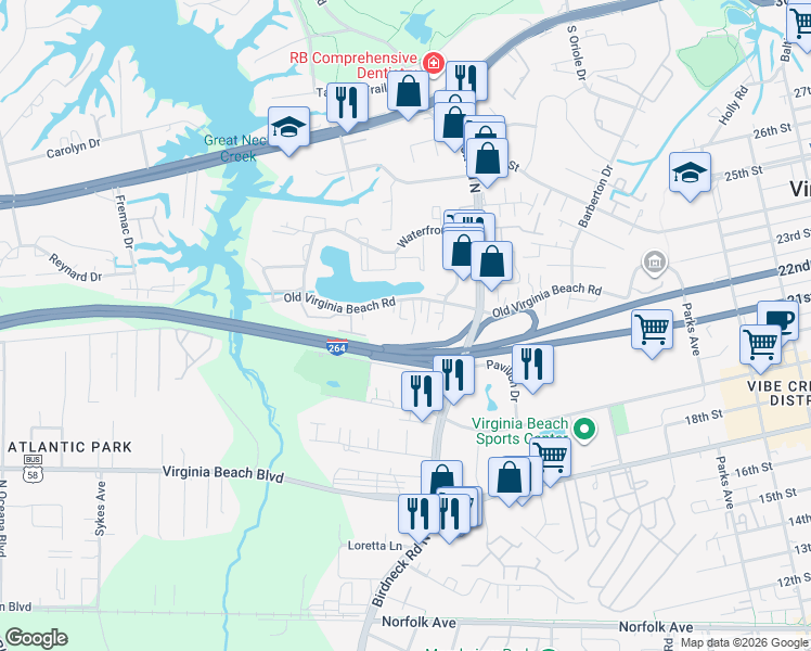 map of restaurants, bars, coffee shops, grocery stores, and more near 1145 Old Virginia Beach Road in Virginia Beach