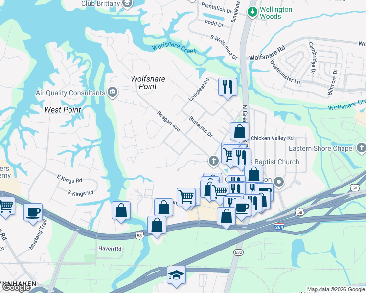 map of restaurants, bars, coffee shops, grocery stores, and more near 410 Rennie Court in Virginia Beach