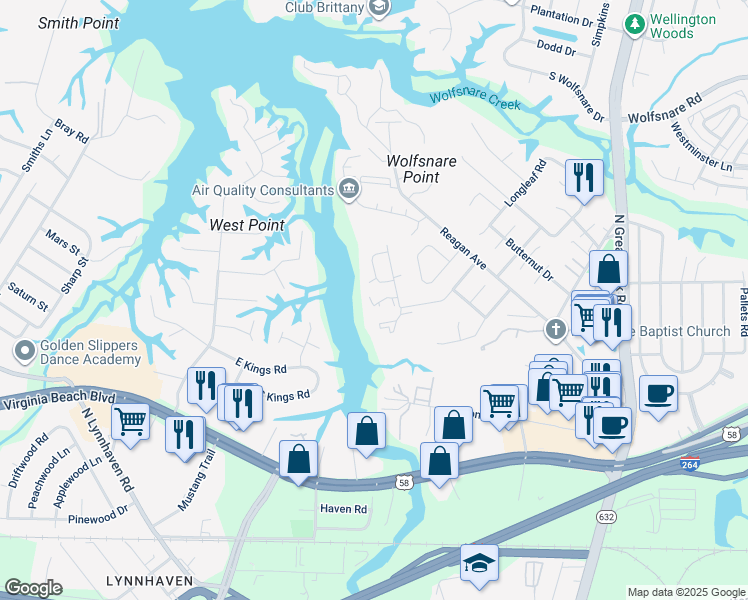 map of restaurants, bars, coffee shops, grocery stores, and more near 509 Benlea Court in Virginia Beach