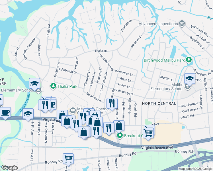 map of restaurants, bars, coffee shops, grocery stores, and more near 3912 Edinburgh Drive in Virginia Beach