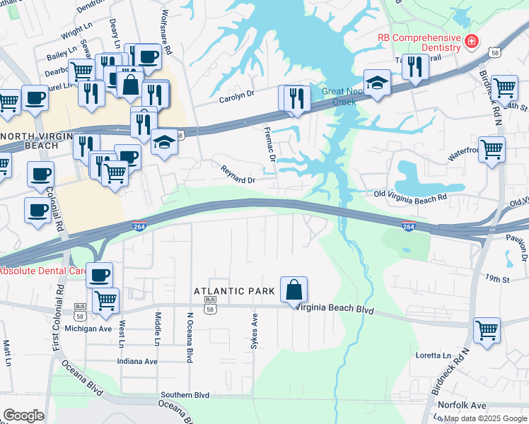 map of restaurants, bars, coffee shops, grocery stores, and more near 1412 Old Virginia Beach Road in Virginia Beach