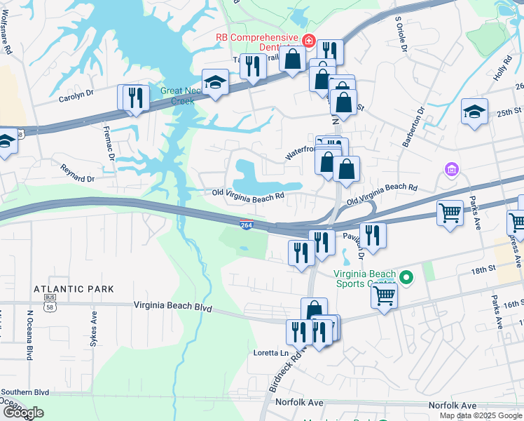 map of restaurants, bars, coffee shops, grocery stores, and more near 1120 Ocean Trace Lane in Virginia Beach