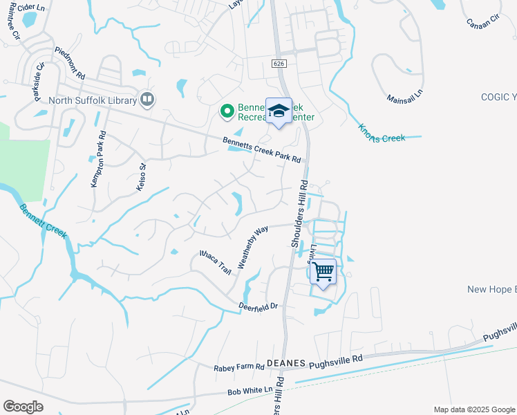 map of restaurants, bars, coffee shops, grocery stores, and more near 5024 Huntclub Chase in Suffolk