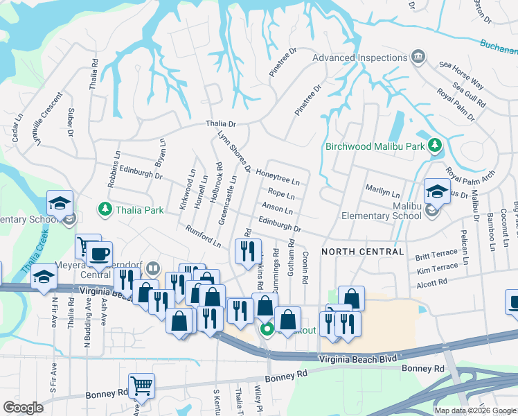 map of restaurants, bars, coffee shops, grocery stores, and more near 505 Seeman Road in Virginia Beach