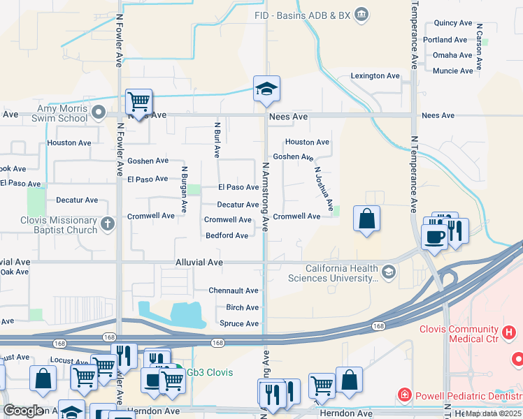 map of restaurants, bars, coffee shops, grocery stores, and more near 2192 Decatur Avenue in Clovis