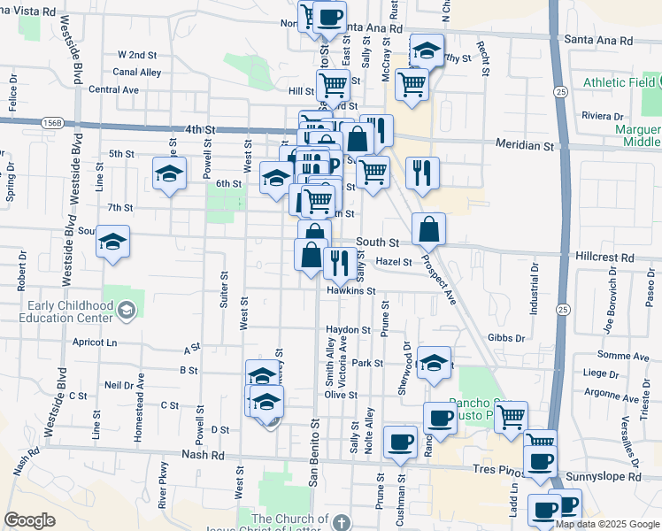 map of restaurants, bars, coffee shops, grocery stores, and more near 853 San Benito Street in Hollister