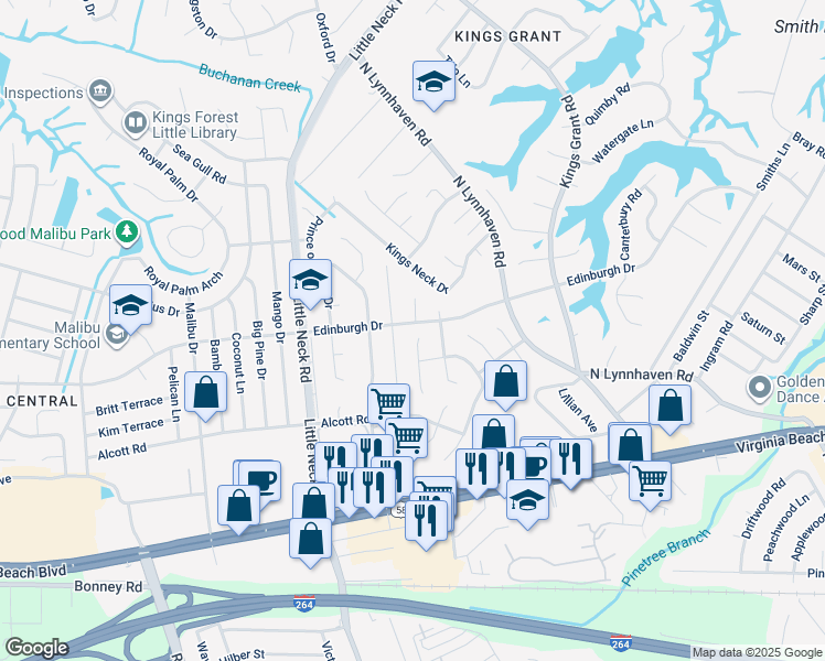 map of restaurants, bars, coffee shops, grocery stores, and more near 441 Beverly Place in Virginia Beach