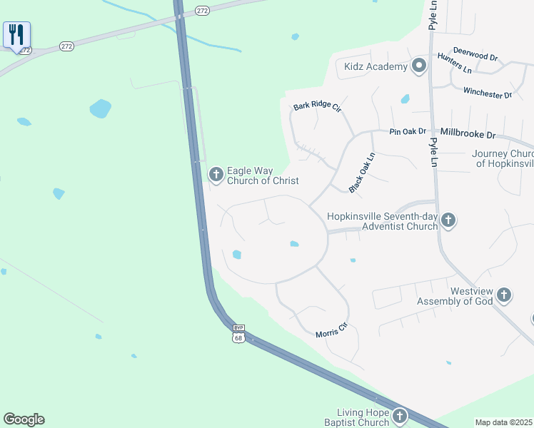 map of restaurants, bars, coffee shops, grocery stores, and more near 1598 Oak Ridge Court in Hopkinsville
