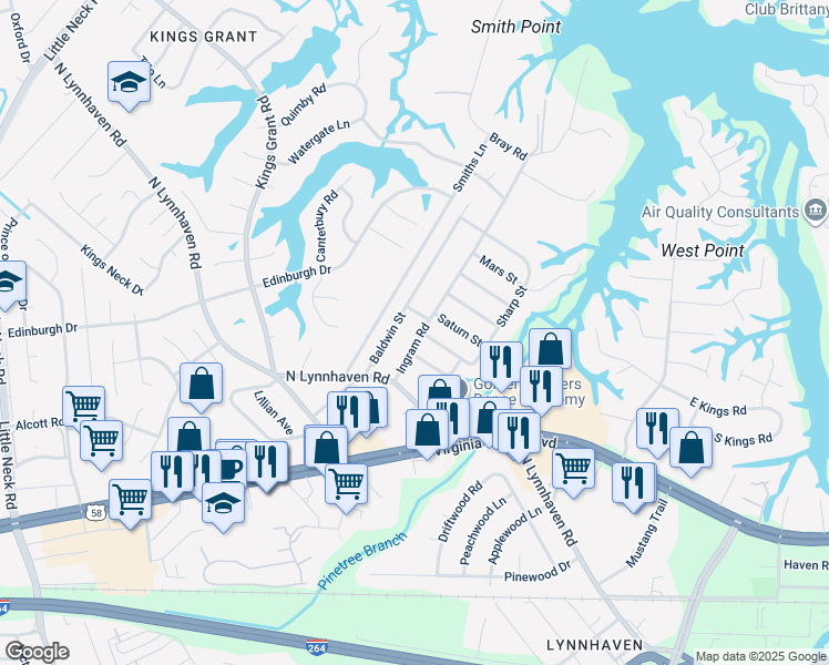 map of restaurants, bars, coffee shops, grocery stores, and more near 433 Ingram Road in Virginia Beach