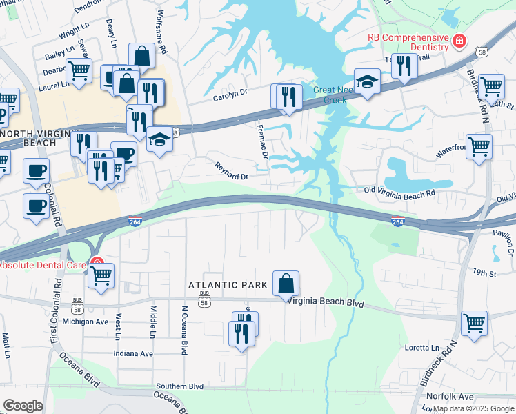 map of restaurants, bars, coffee shops, grocery stores, and more near 1412 Old Virginia Beach Road in Virginia Beach