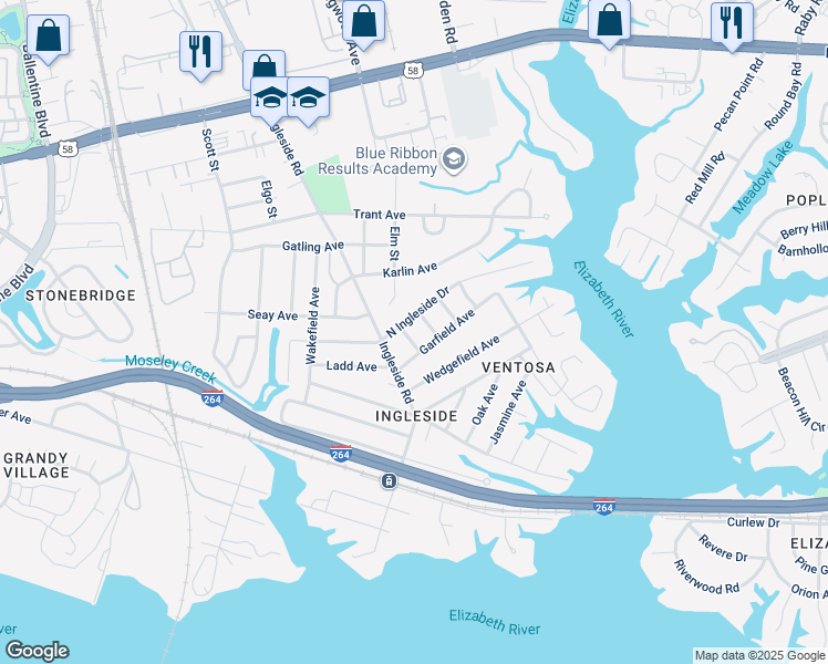 map of restaurants, bars, coffee shops, grocery stores, and more near 854 Benwood Road in Norfolk