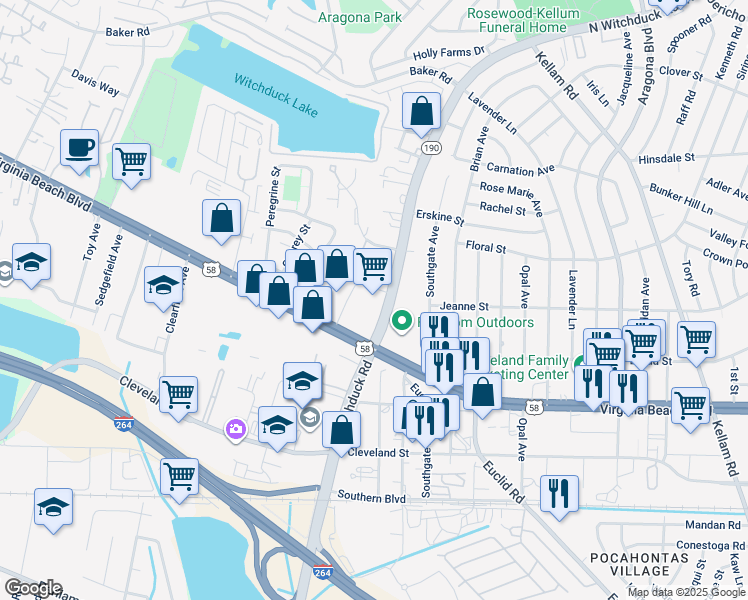 map of restaurants, bars, coffee shops, grocery stores, and more near 5112 Virginia Beach Boulevard in Virginia Beach