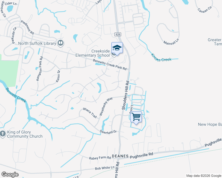 map of restaurants, bars, coffee shops, grocery stores, and more near 3017 Waterjump Crescent in Suffolk