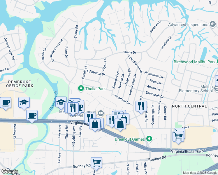 map of restaurants, bars, coffee shops, grocery stores, and more near 404 Patton Lane in Virginia Beach