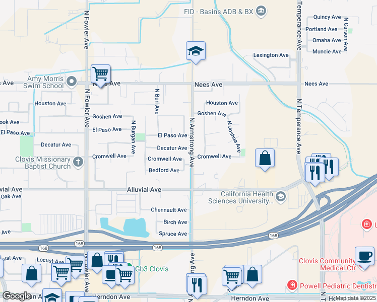 map of restaurants, bars, coffee shops, grocery stores, and more near 2192 Decatur Avenue in Clovis