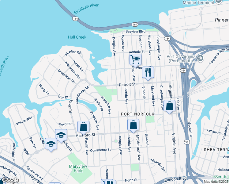 map of restaurants, bars, coffee shops, grocery stores, and more near 424 Douglas Avenue in Portsmouth