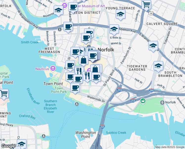 map of restaurants, bars, coffee shops, grocery stores, and more near 421 East City Hall Avenue in Norfolk