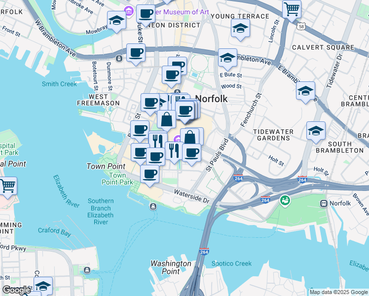 map of restaurants, bars, coffee shops, grocery stores, and more near 421 East City Hall Avenue in Norfolk