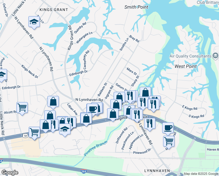 map of restaurants, bars, coffee shops, grocery stores, and more near 433 Ingram Road in Virginia Beach