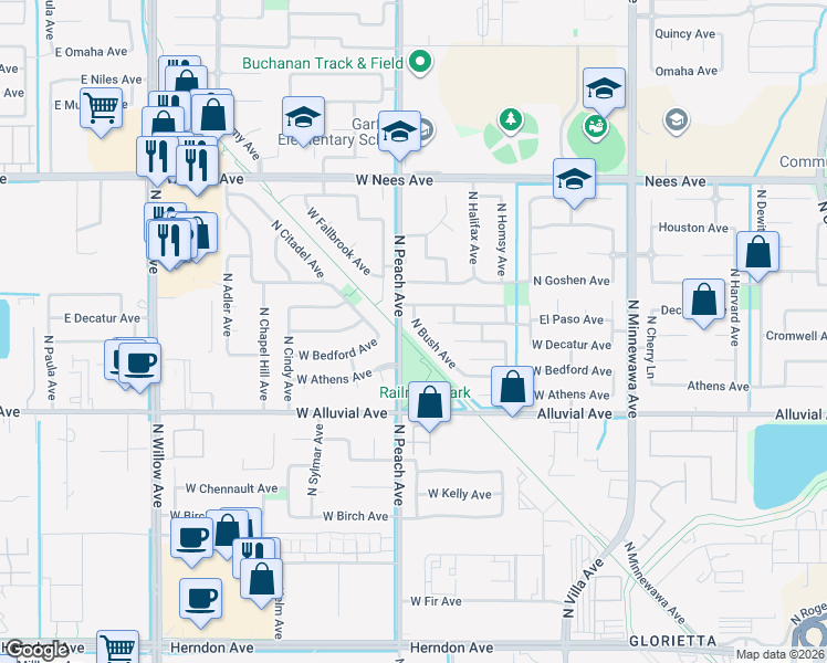 map of restaurants, bars, coffee shops, grocery stores, and more near 964 North Bush Avenue in Clovis