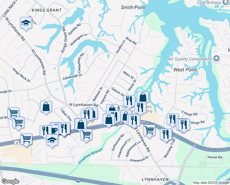 map of restaurants, bars, coffee shops, grocery stores, and more near 2921 Saturn Street in Virginia Beach
