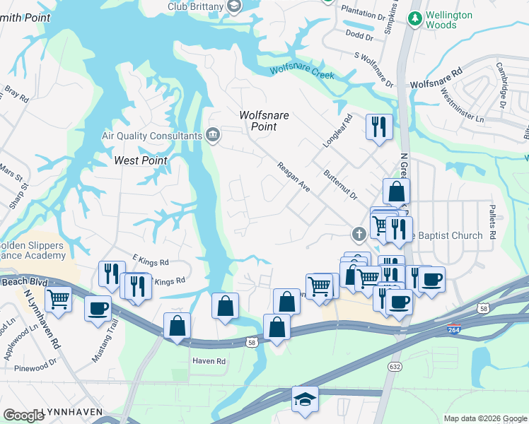 map of restaurants, bars, coffee shops, grocery stores, and more near 2502 Back Acres Road in Virginia Beach
