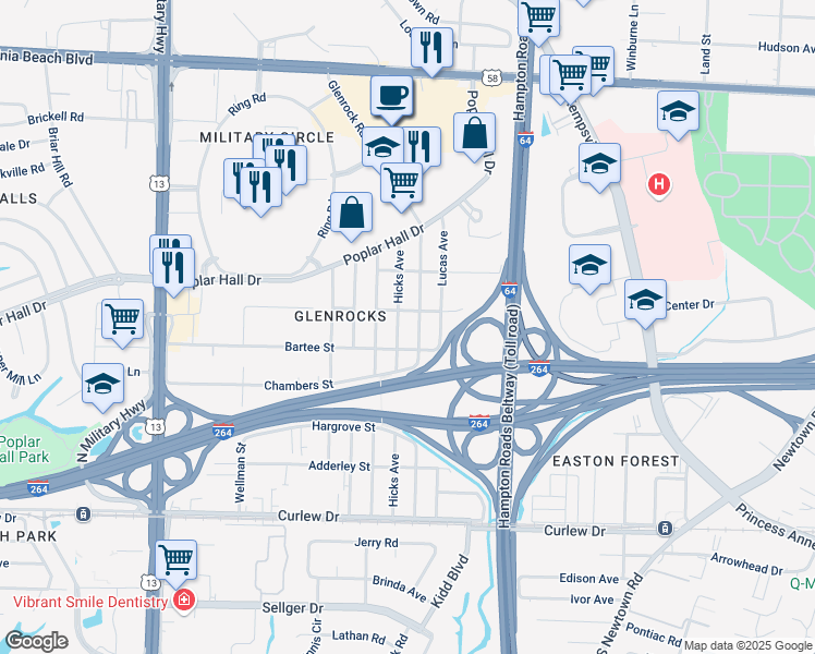 map of restaurants, bars, coffee shops, grocery stores, and more near 419 Glenrock Road in Norfolk