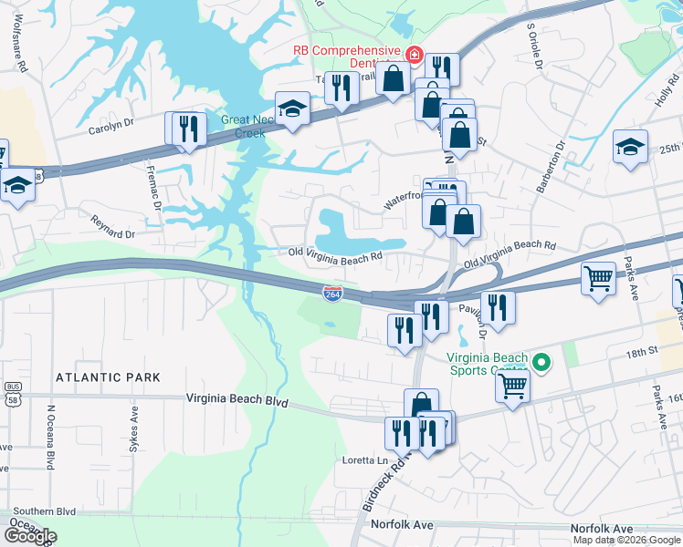 map of restaurants, bars, coffee shops, grocery stores, and more near 504 Ocean Trace Arch in Virginia Beach