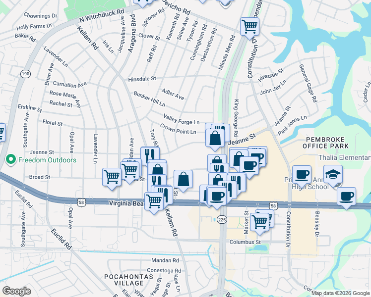 map of restaurants, bars, coffee shops, grocery stores, and more near 4705 Jeanne Street in Virginia Beach