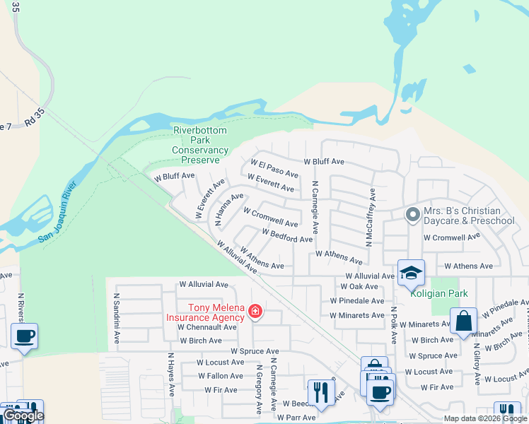 map of restaurants, bars, coffee shops, grocery stores, and more near 7671 North Erie Avenue in Fresno