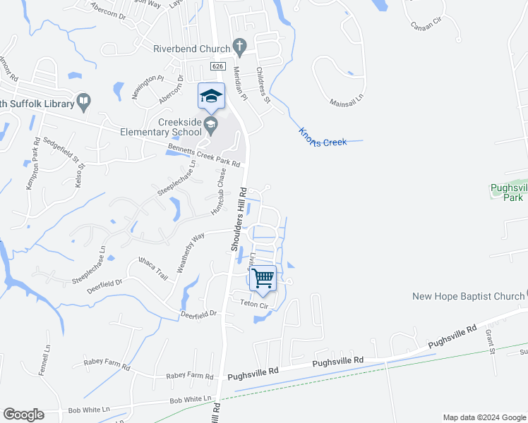 map of restaurants, bars, coffee shops, grocery stores, and more near 6008 Rollingwood Street in Suffolk