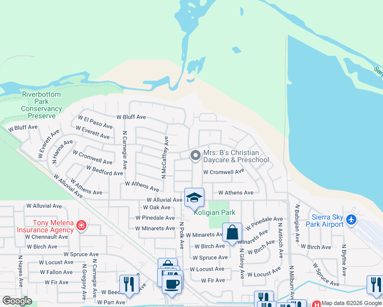 map of restaurants, bars, coffee shops, grocery stores, and more near 5408 West Decatur Avenue in Fresno