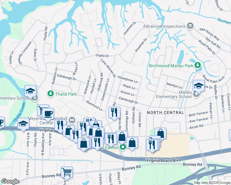 map of restaurants, bars, coffee shops, grocery stores, and more near 505 Seeman Road in Virginia Beach