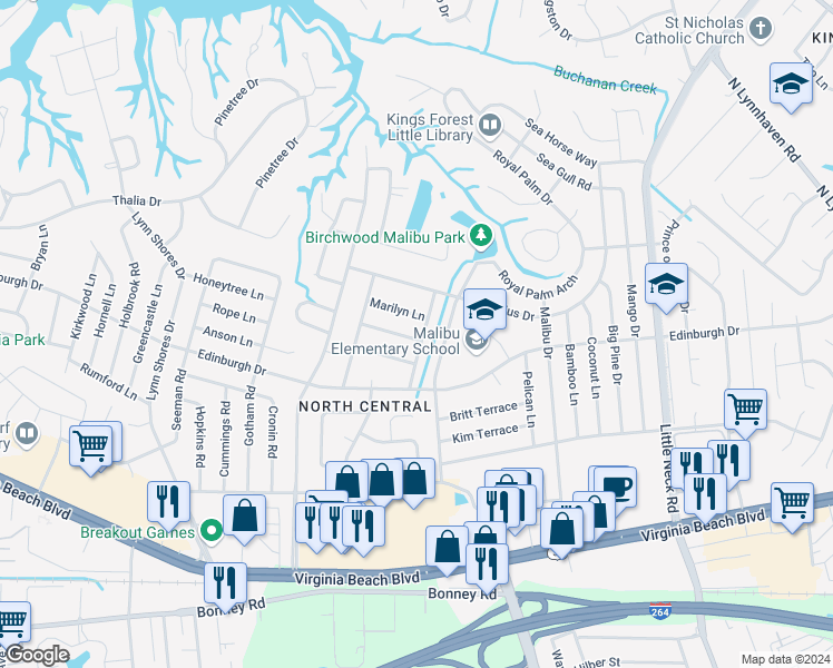 map of restaurants, bars, coffee shops, grocery stores, and more near 3700 Mantle Lane in Virginia Beach