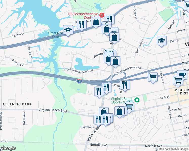 map of restaurants, bars, coffee shops, grocery stores, and more near 408 Coastal Walk Place in Virginia Beach