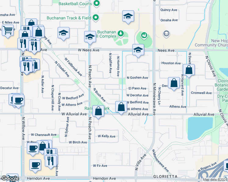 map of restaurants, bars, coffee shops, grocery stores, and more near 236 West El Paso Avenue in Clovis