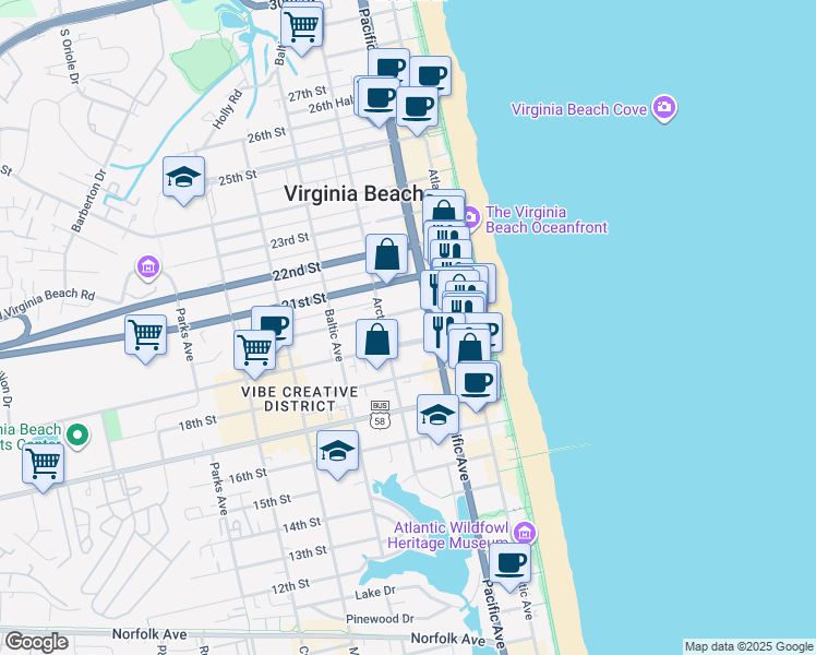 map of restaurants, bars, coffee shops, grocery stores, and more near 1900 Pacific Avenue in Virginia Beach